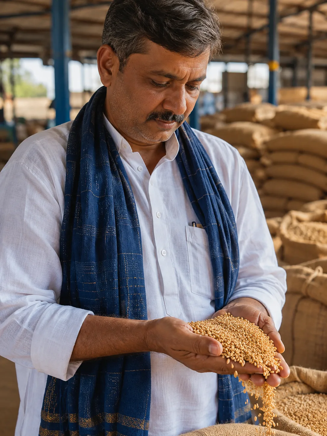 Trader inspecting wheat at a wholesale market