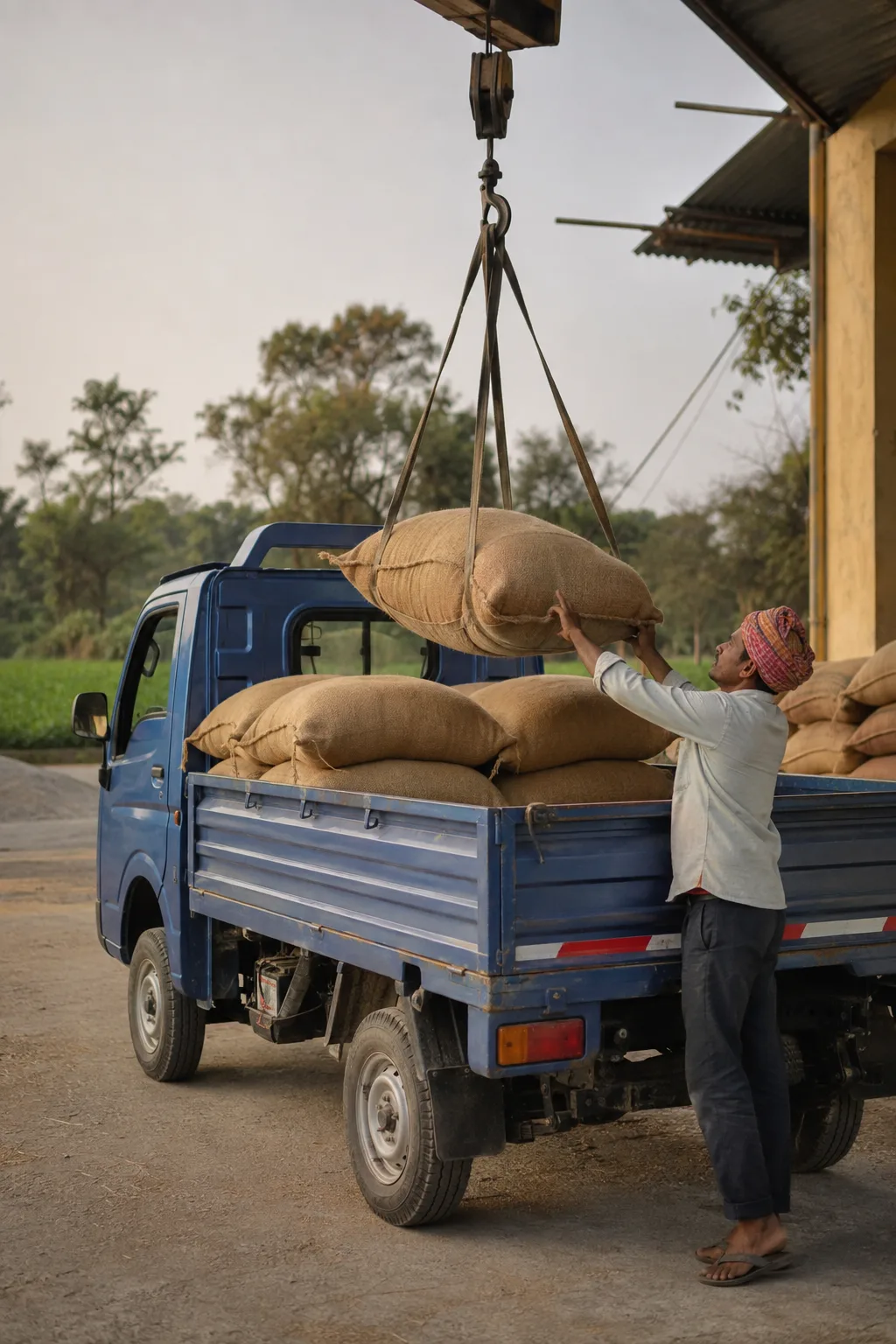 Grain sacks being loaded for transport