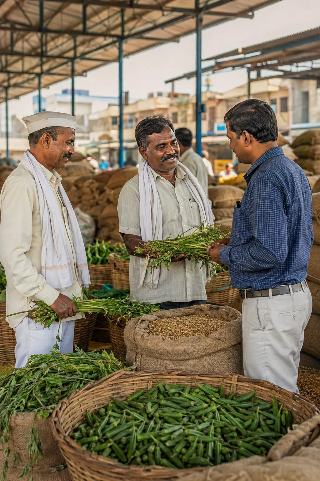 Farmers and a trader meeting at an agricultural mandi